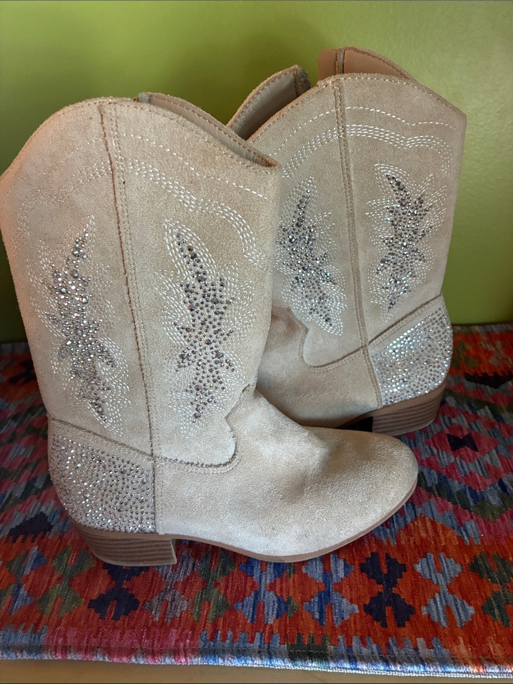 Girl’s Faux Suede Western Cowgirl Boots with Rhinestone Detail and Side Zipper